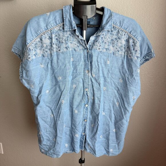 J. Jill Short Sleeve Floral Denim Chambray Tencel Button Up Shirt Crochet Trim L - Picture 2 of 5
